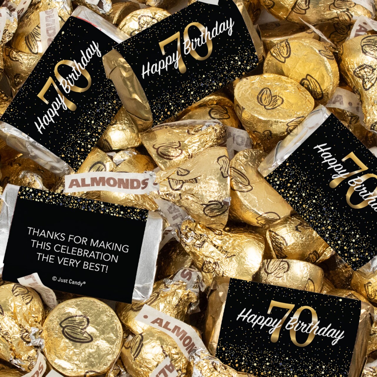 131 Pcs 70th Birthday Candy Party Favors Miniatures & Gold Almond Kisses (1.65 lbs, Approx. 131 Pcs)